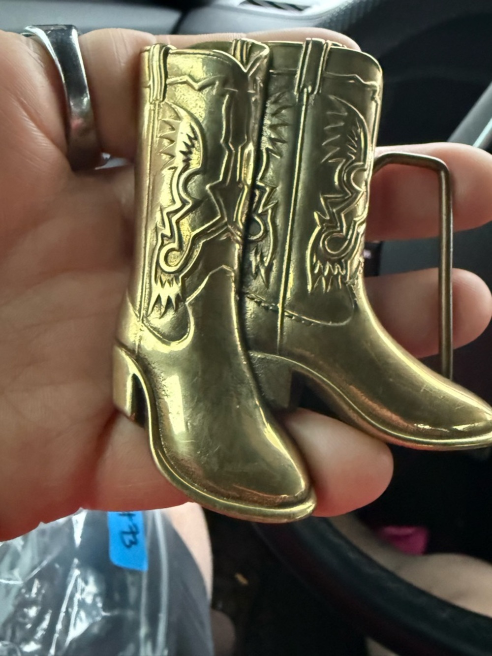 Gold Cowboy Boot Belt Buckle - Western Embossed Design